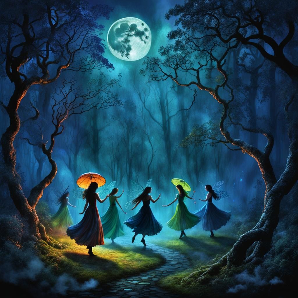 Ethereal Celtic Fairies Dancing in Forest Shadows