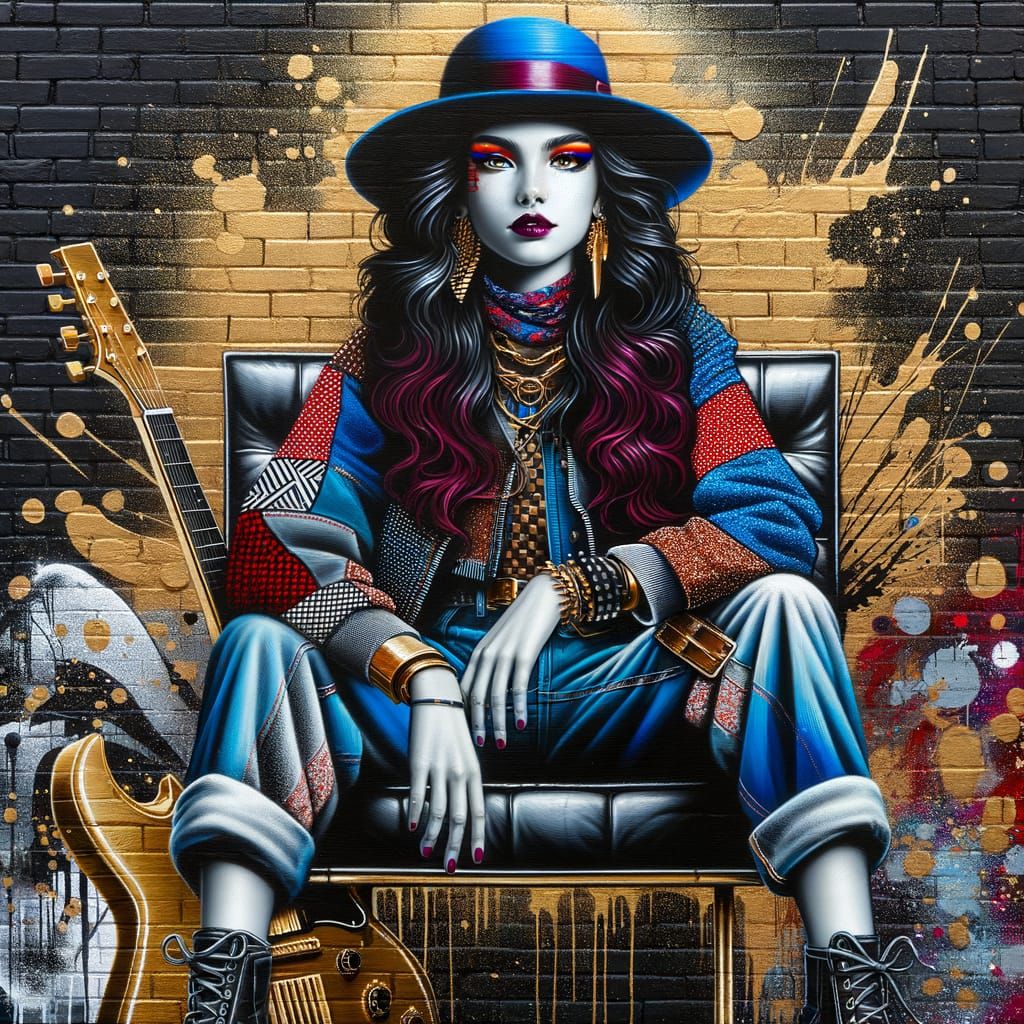 Urban Girl with Gold Guitar, Avant-Garde Oil Painting