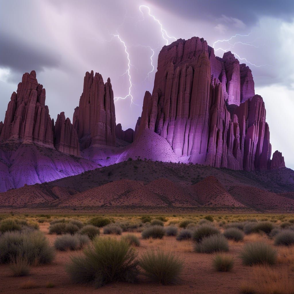 Night Lightning Storm over Church Rock, Synthwave Style