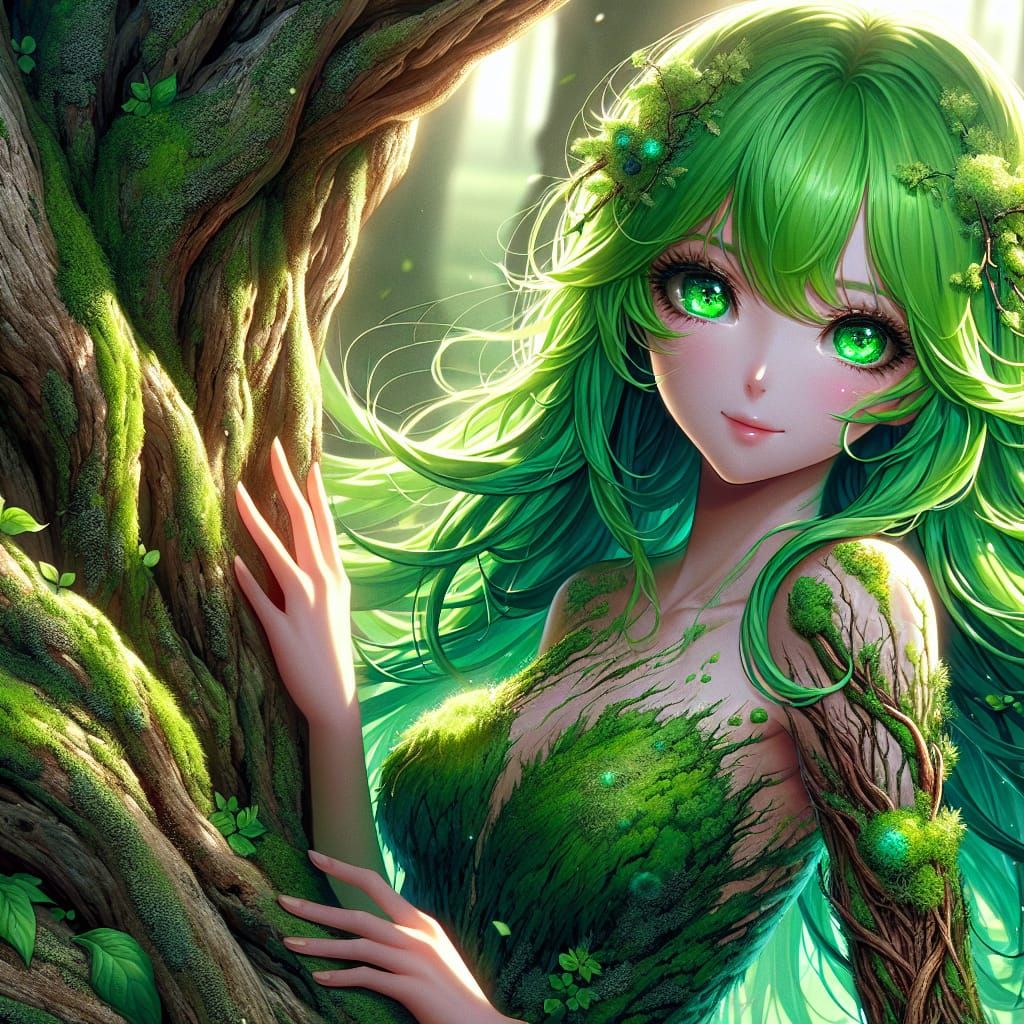 Anime Dryad Embracing Ancient Tree in Lush Forest