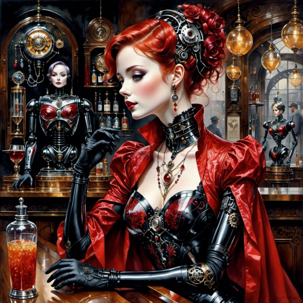 Pretty Italian Woman in Bar: Watercolor Portrait