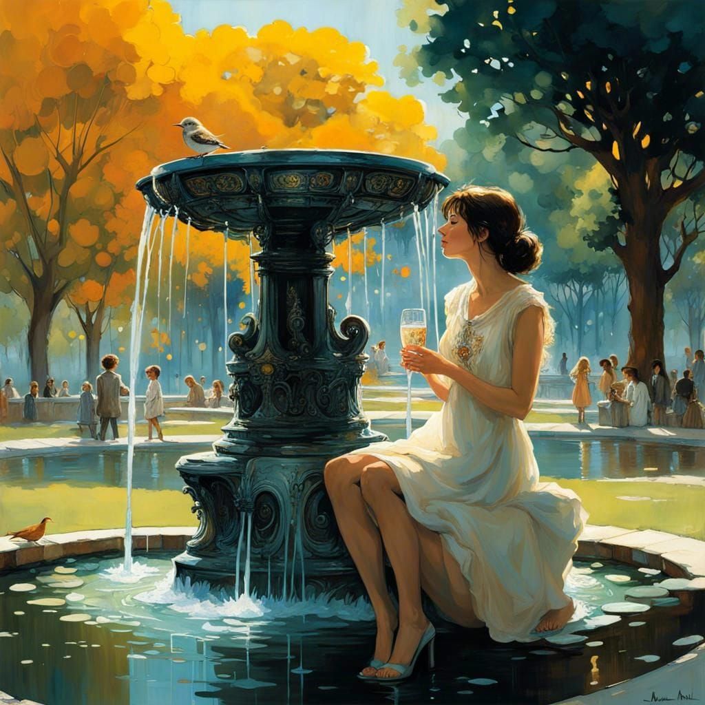 Birds, water fountain, and girl