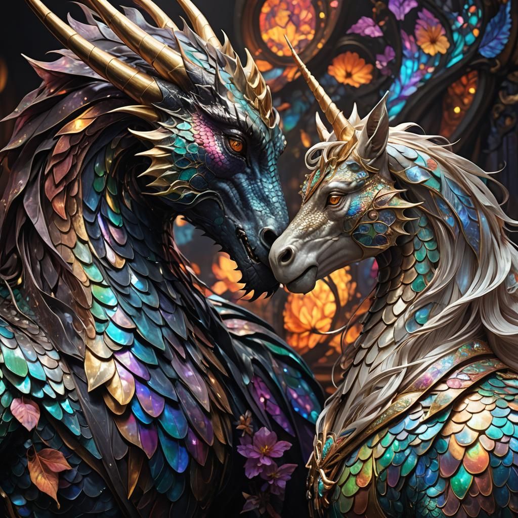 Dragon and Unicorn Nose Touch in Art Nouveau Style