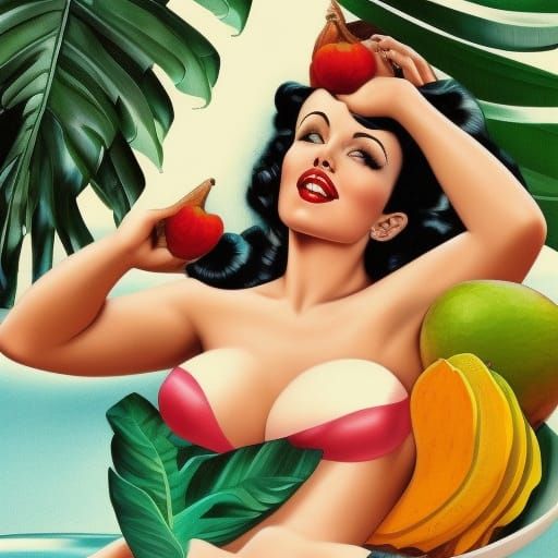 Glamorous Pin-Up Girl on Tropical Fruit Bowl
