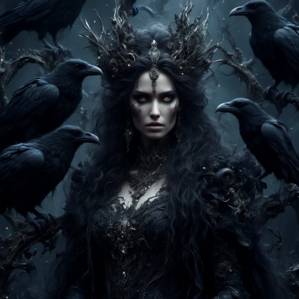 Goddess Morrigan Masterpiece with Ravens and Staff