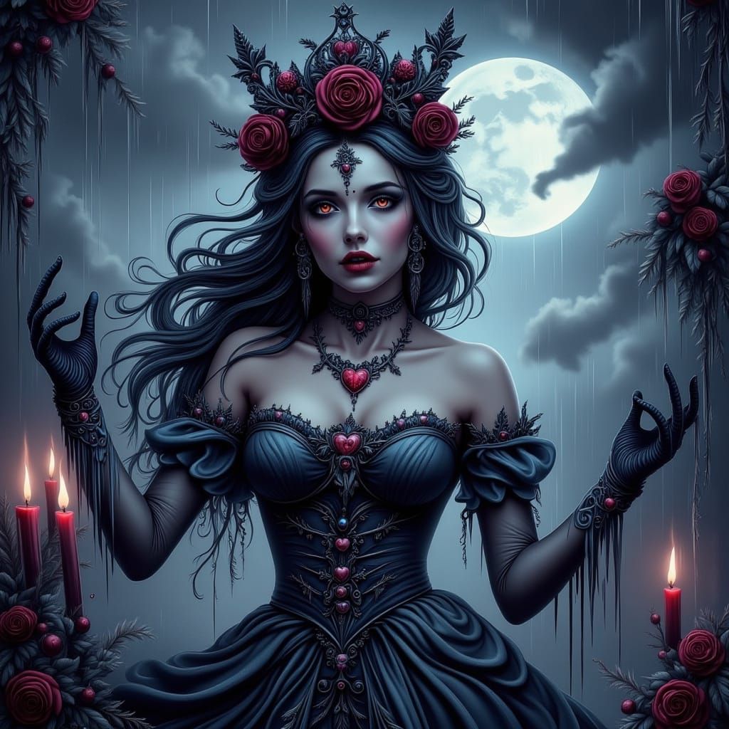 Gothic Woman in Regal Gown with Roses