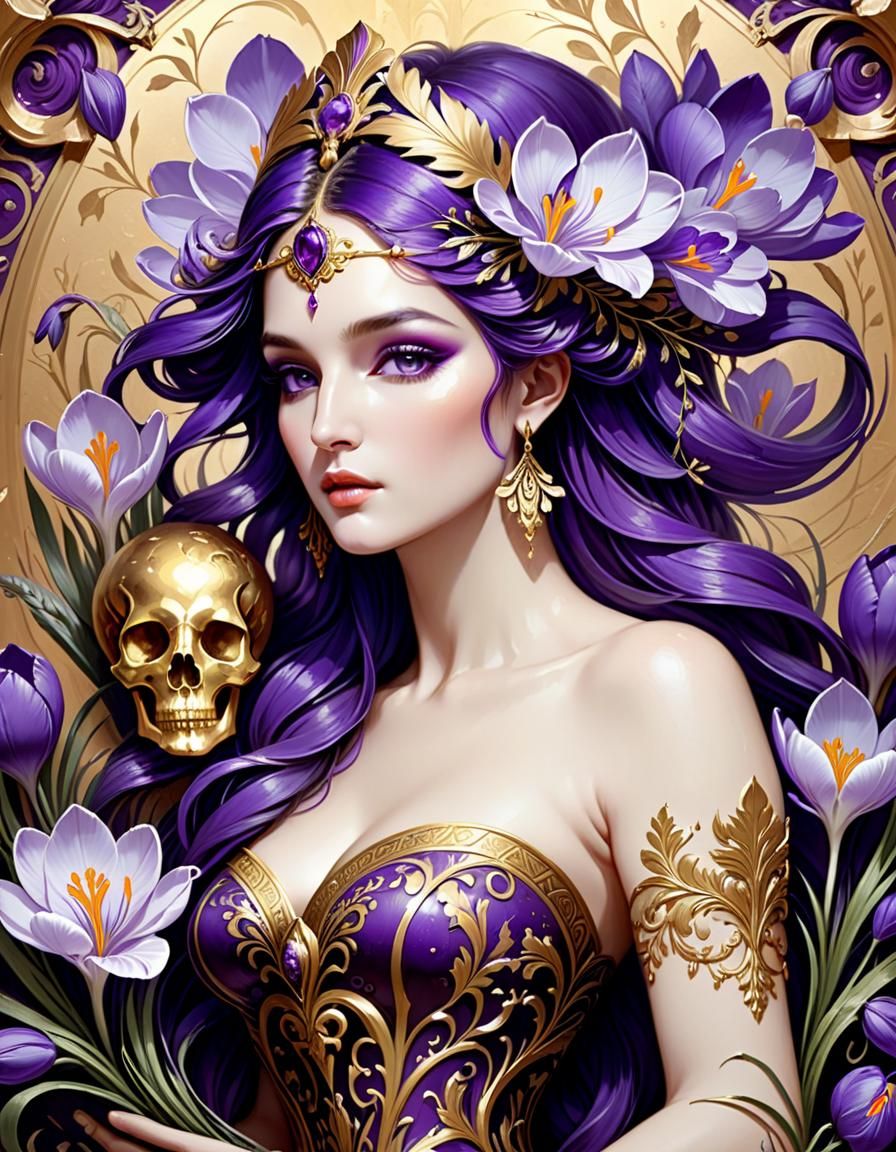 Persephone with Crocus and Skulls in Digital Painting