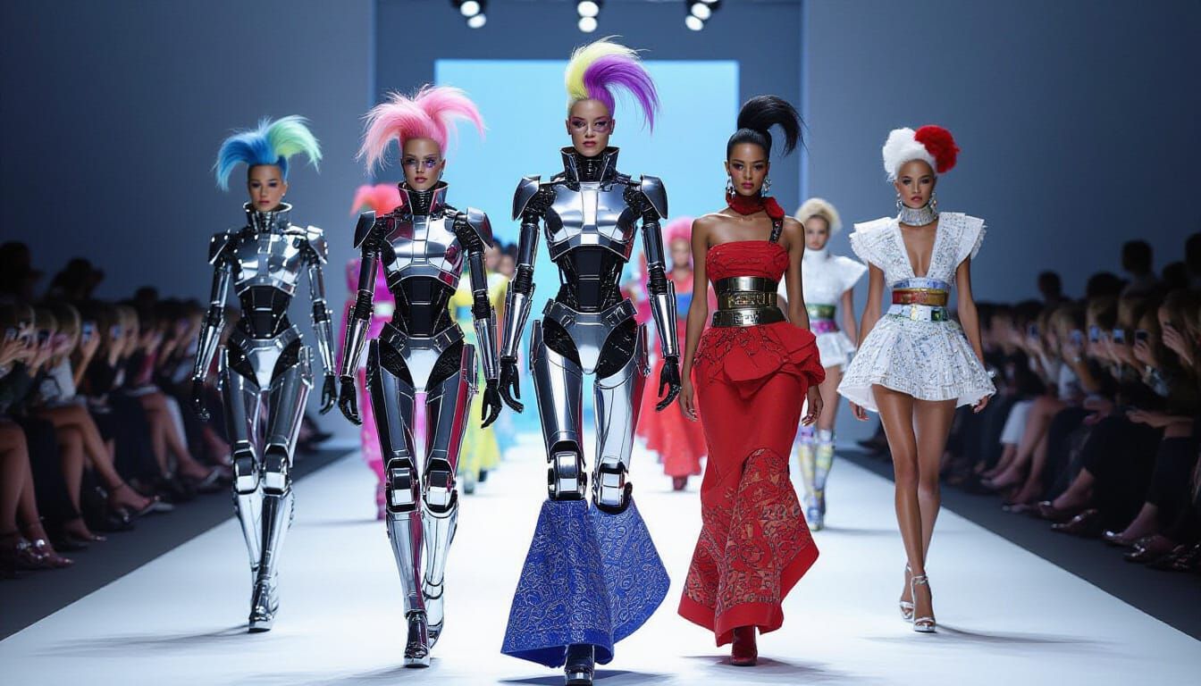 Chrome Androids Strut Catwalk in Cyberpunk Style