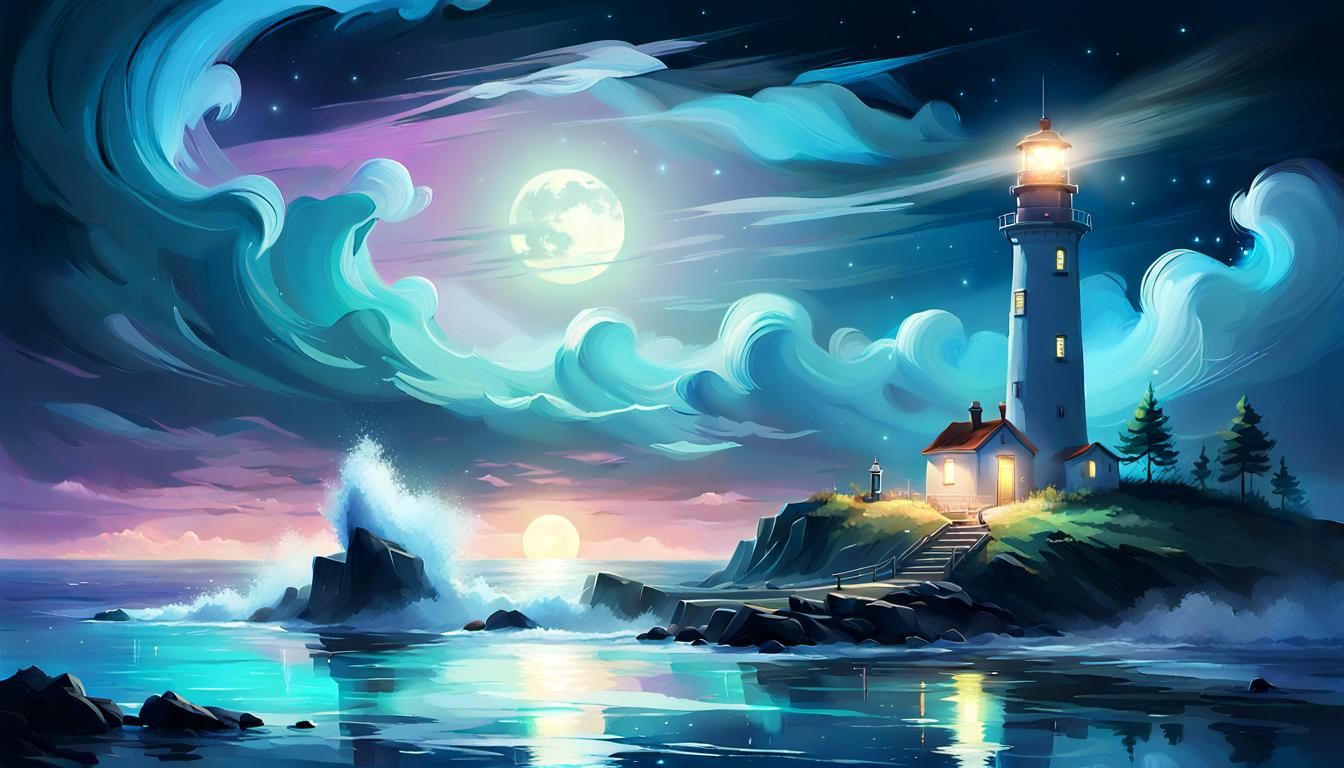 Lighthouse at Night: Dreamlike Noctilucent Concept Art
