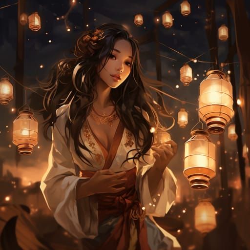 Asian Woman with Lanterns in Exquisite Fantasy Style