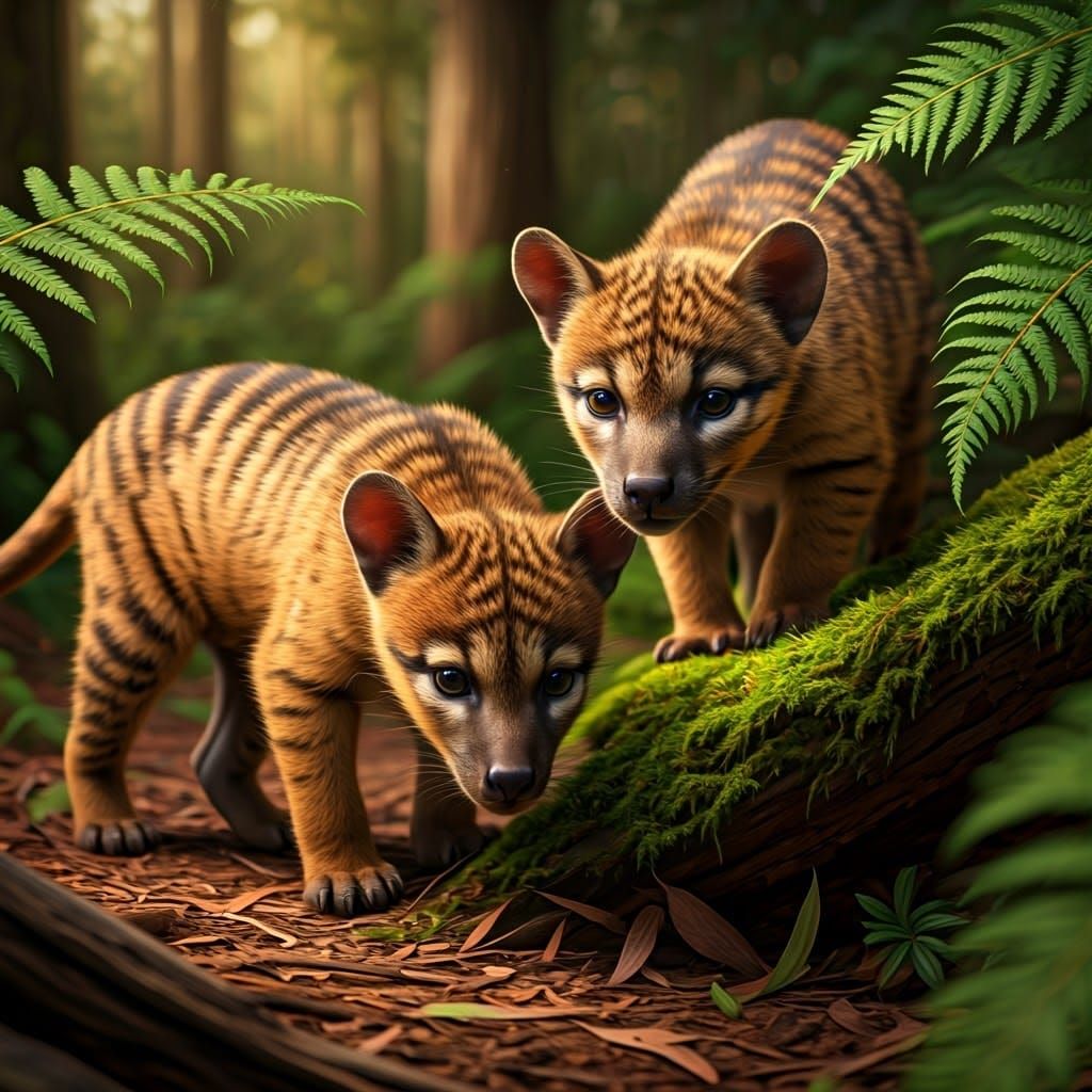 curious thylacine pups