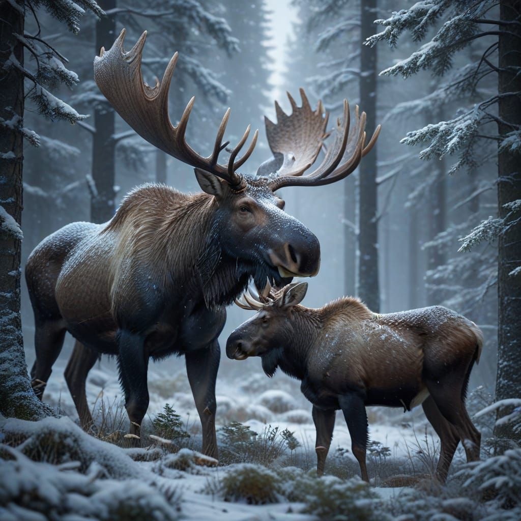 Serene Moose Portrait in a Snowy Forest Landscape