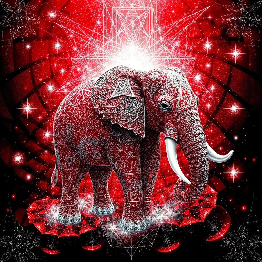 Red and Silver Elephant in Ink Flow Art