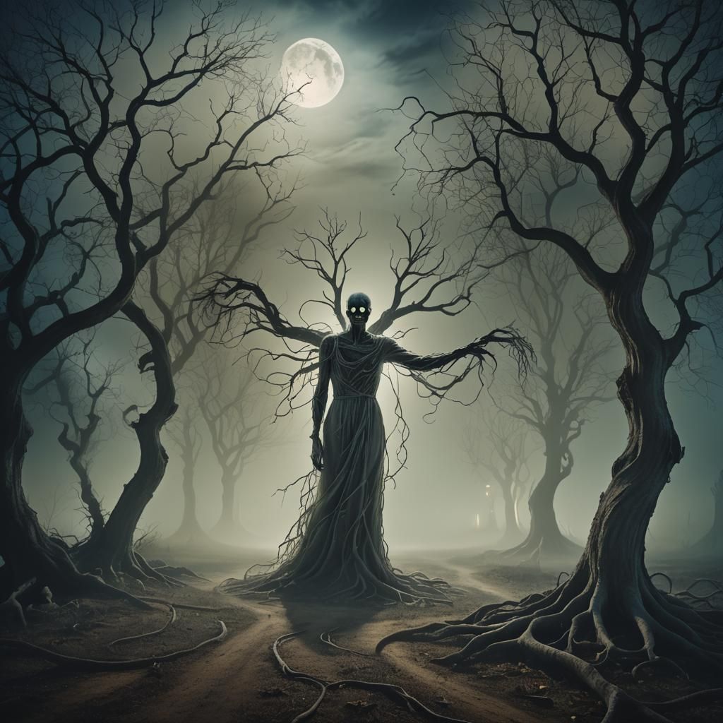 Ghostly Figure at Haunted Crossroads in Surrealist Style