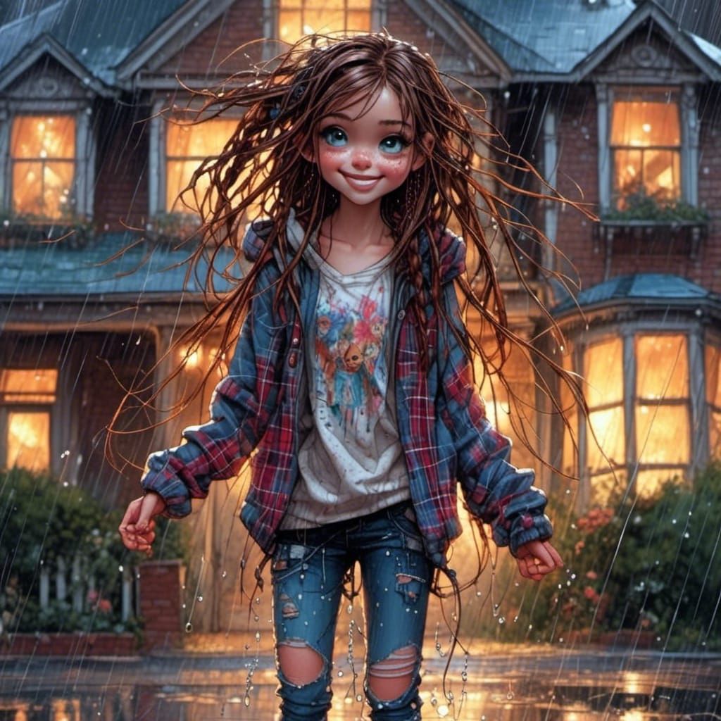 Girl Dancing in Rainy Anime Style