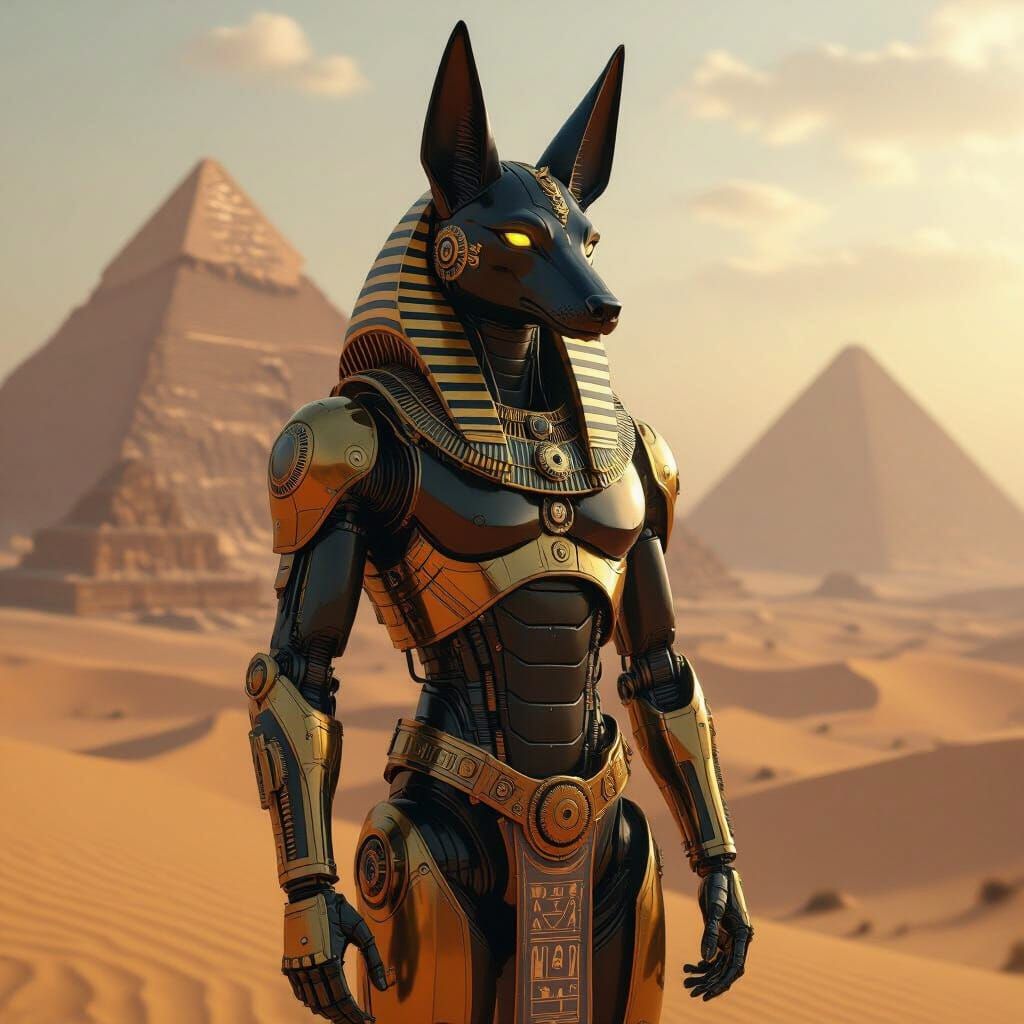 Steampunk Anubis Automaton Guards Desert Landscape