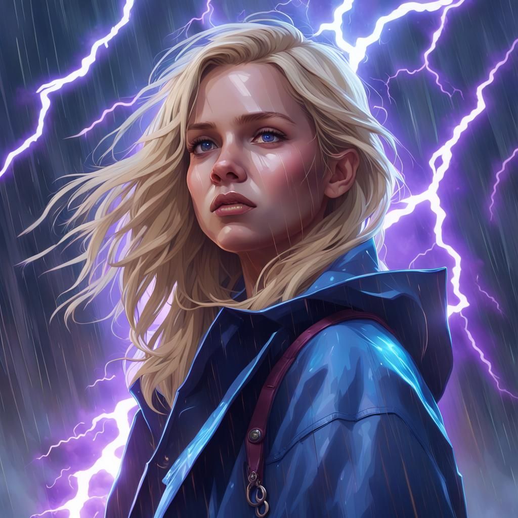 Girl in Rain with Purple Lightning, Detailed Portrait