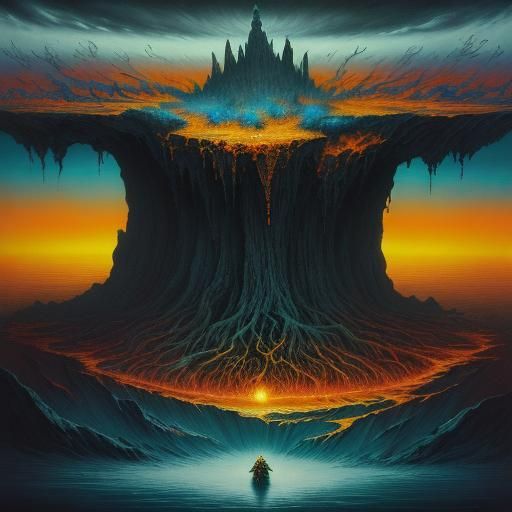 Surreal Woman in Hellish Landscape: Oil Painting