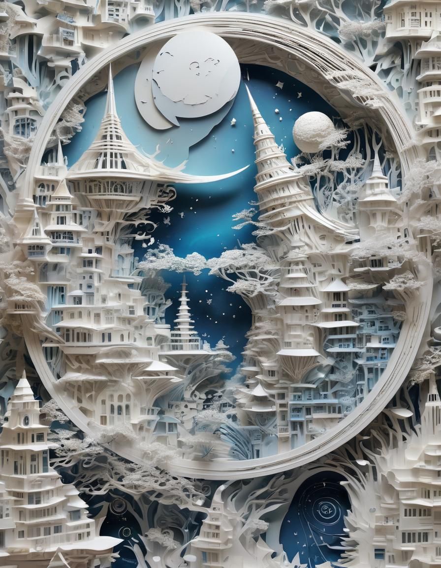 Floating Cosmic City in Paper Art Style