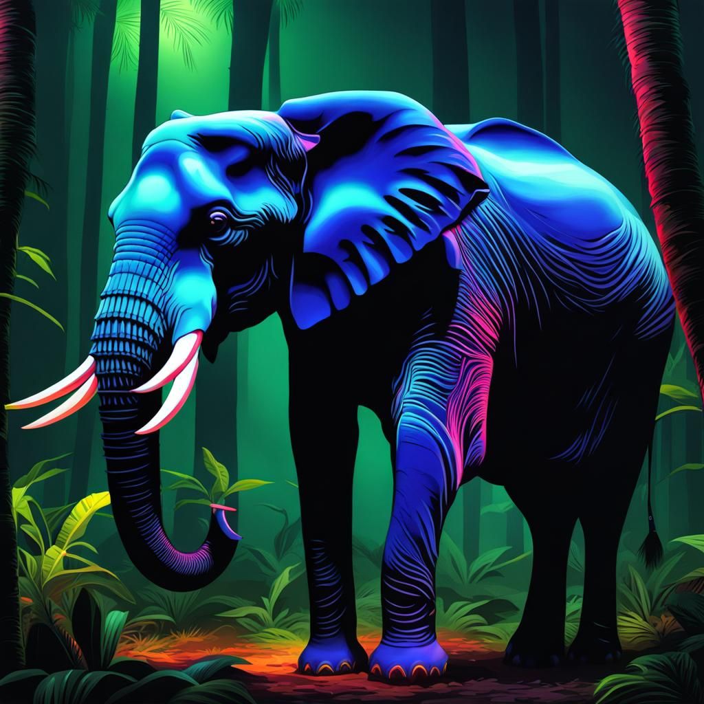 Neon Elephant in Realistic Jungle Scene