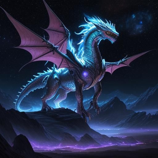 Silver Dragon Rising in Cosmic, Neon Concept Art
