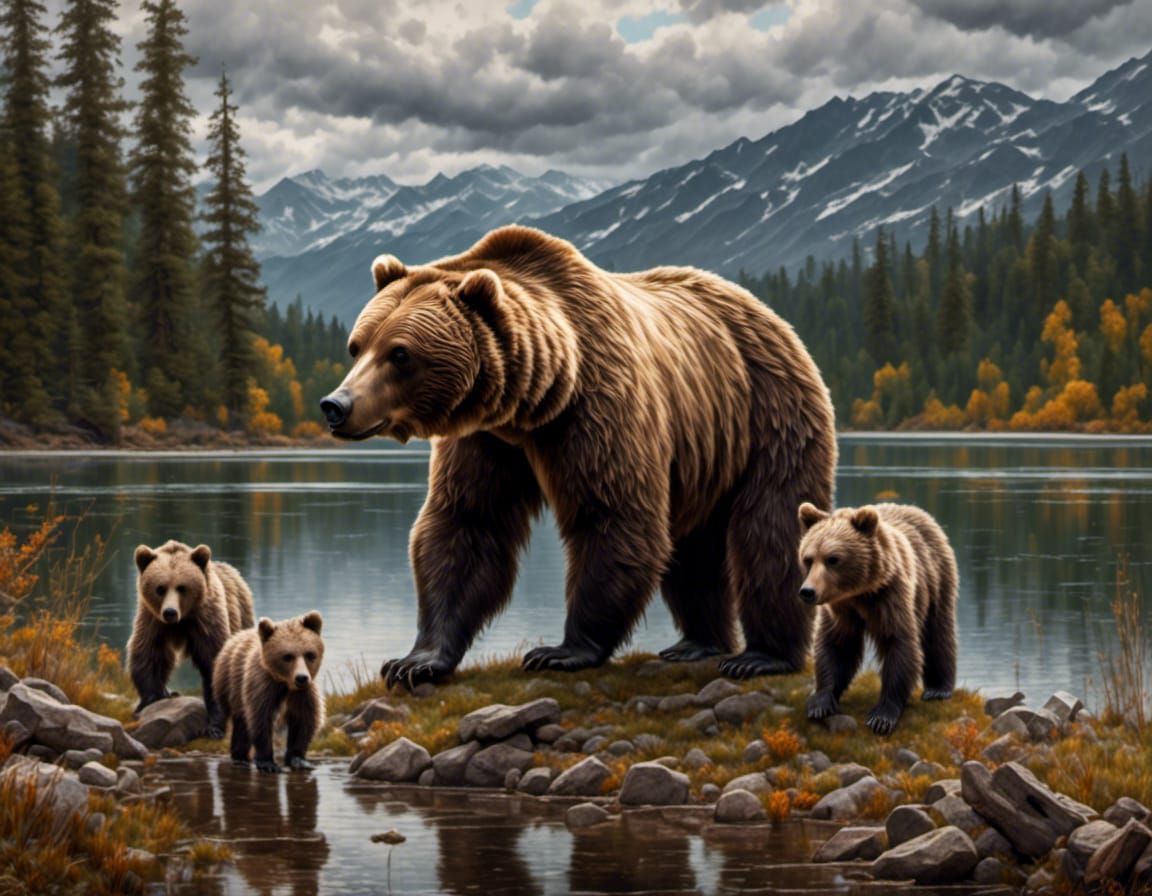 Grizzly bear and 2 cubs at edge of lake.  Background is forest, mountains, dreary sky with storm clouds.  Snowing hard. ...