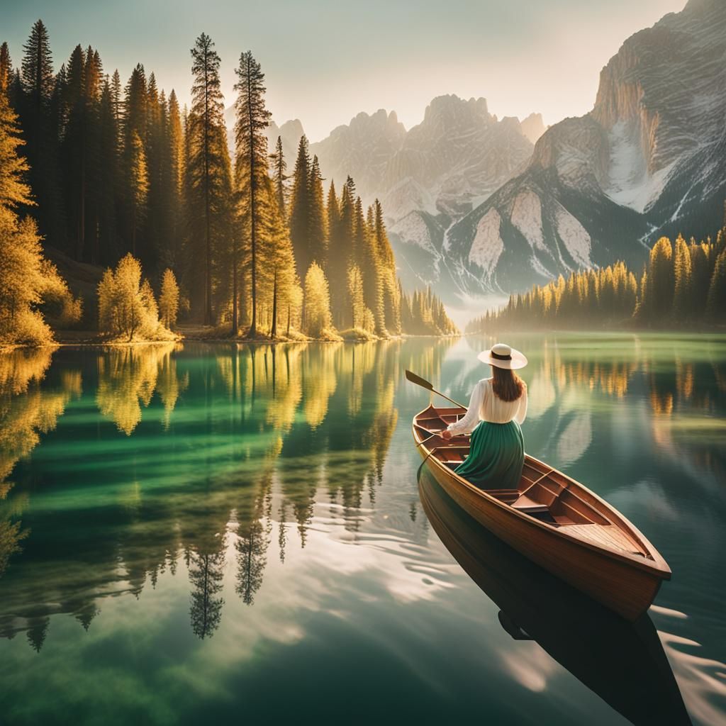 Woman Rowing Boat on Lago di Braies: Surreal Photography
