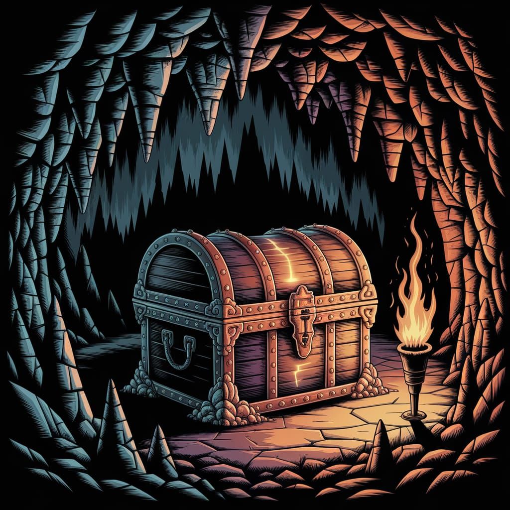 Twisted Ironwork Cursed Treasure Chest in a Gothic Cave