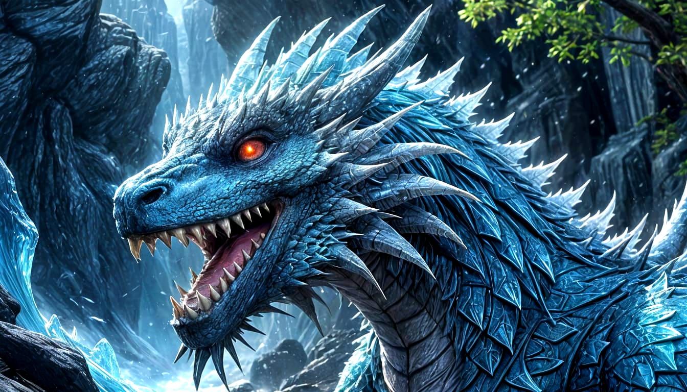 Icy Dragon Head in Hyperrealistic Splash Art
