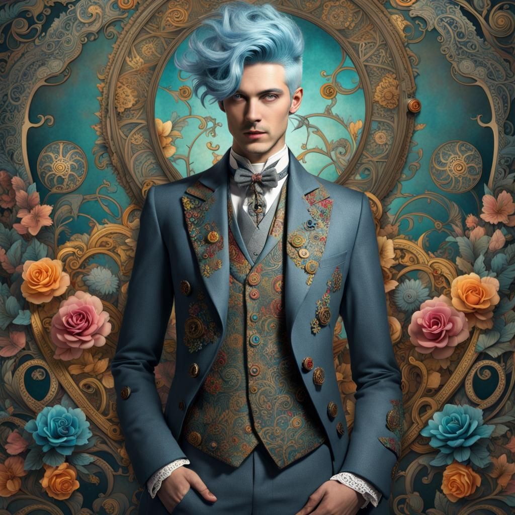 Steampunk Blue-Haired Man with Fractal Tattoos