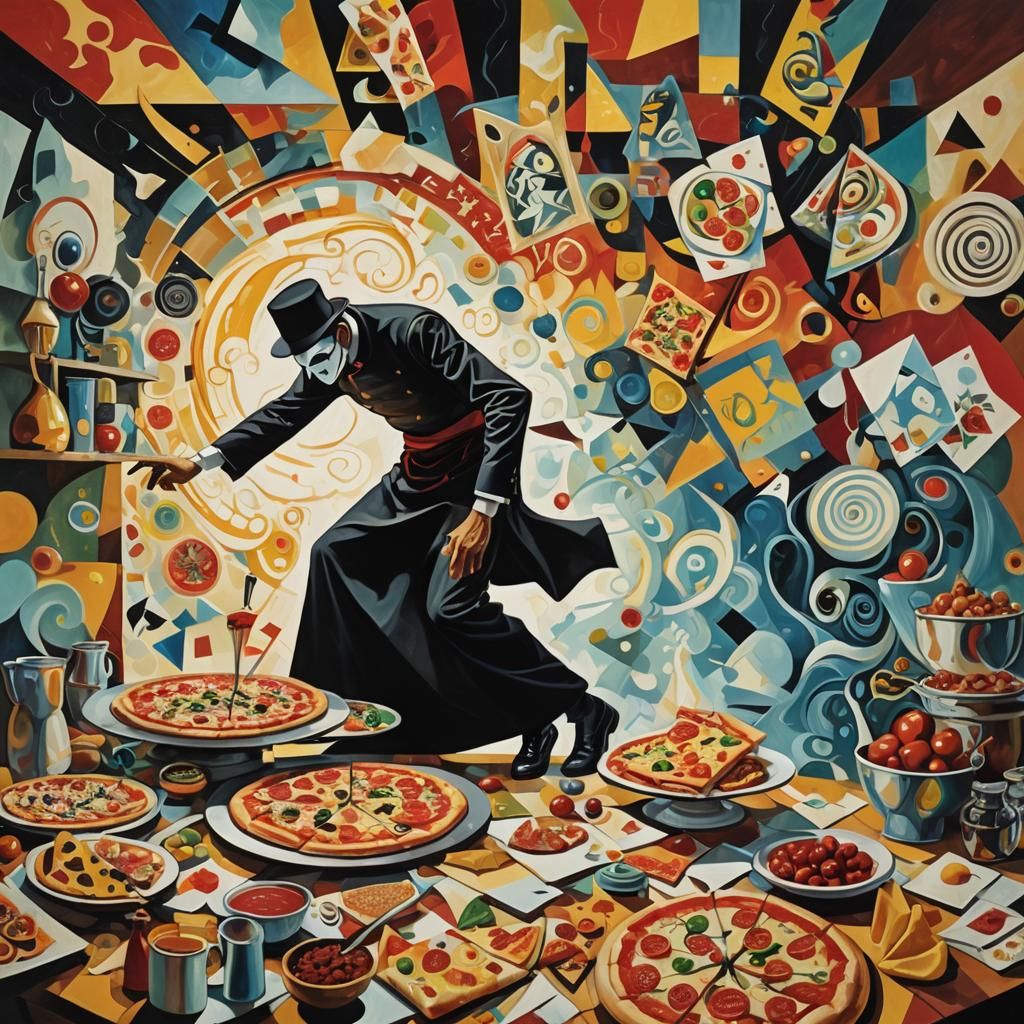 Cubist Death Character Creates Pizza in Abstract Kitchen