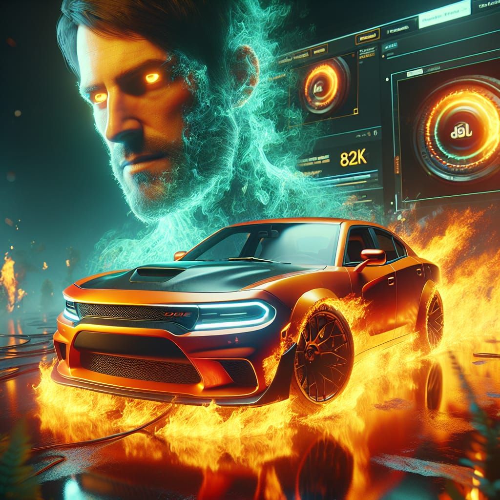 Flaming Orange Dodge in 3D Cinematic Style