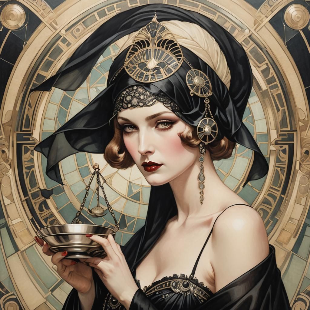 Art Deco Woman with Veil and Scales