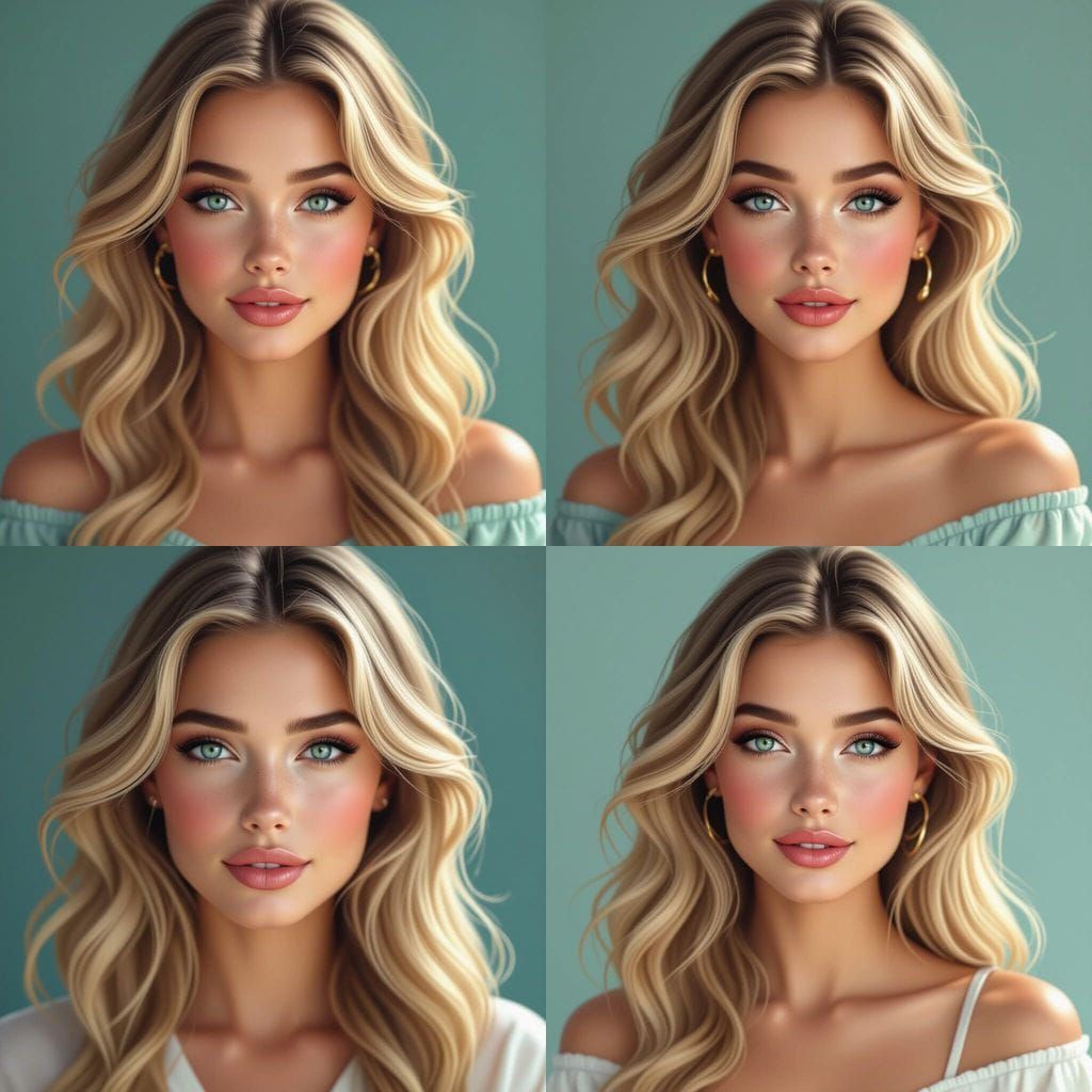 Beautiful Woman Pencil Sketch with Freckles and Blue-Green E...