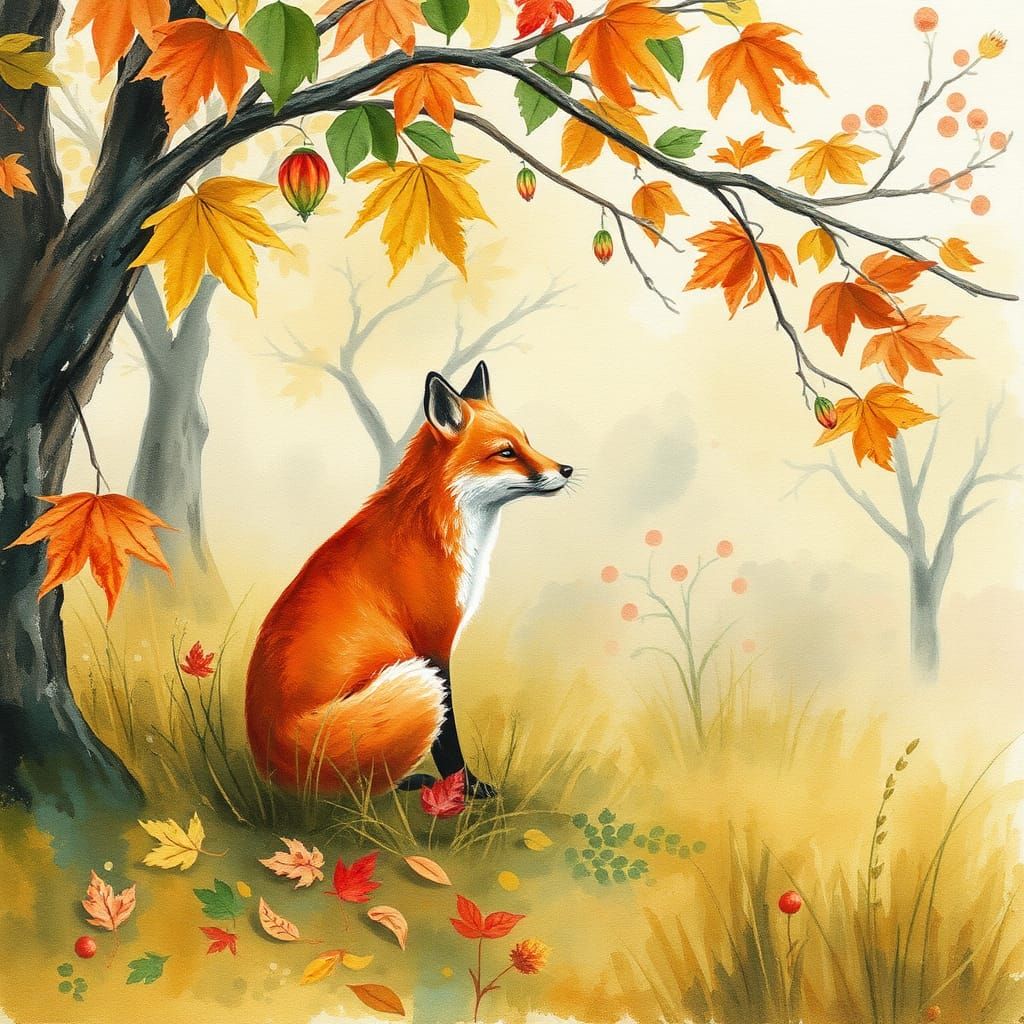 Fox in Orchard: Autumnal Watercolour Painting