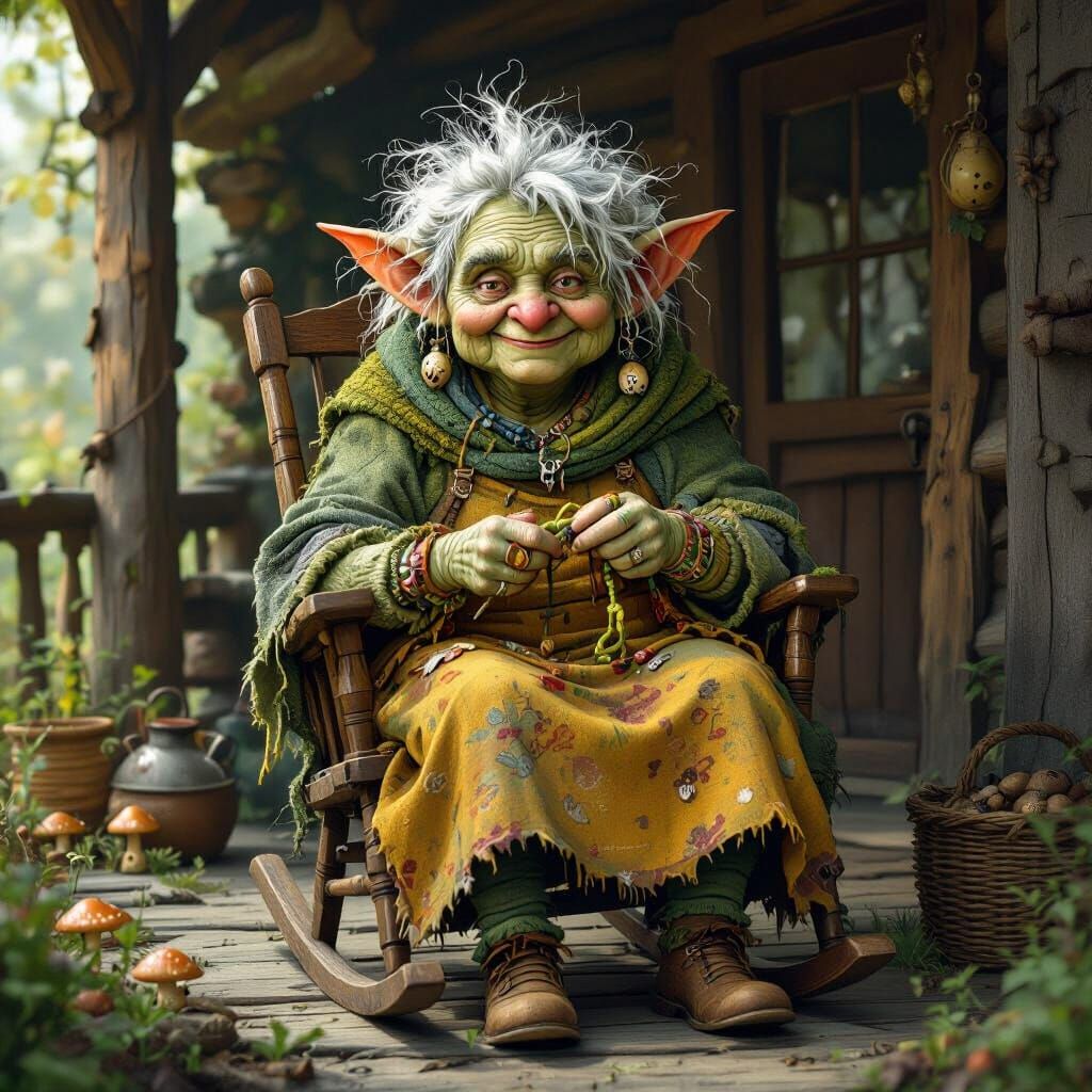 Whimsical Goblin Lady Knitting by Crooked Kettle Inn