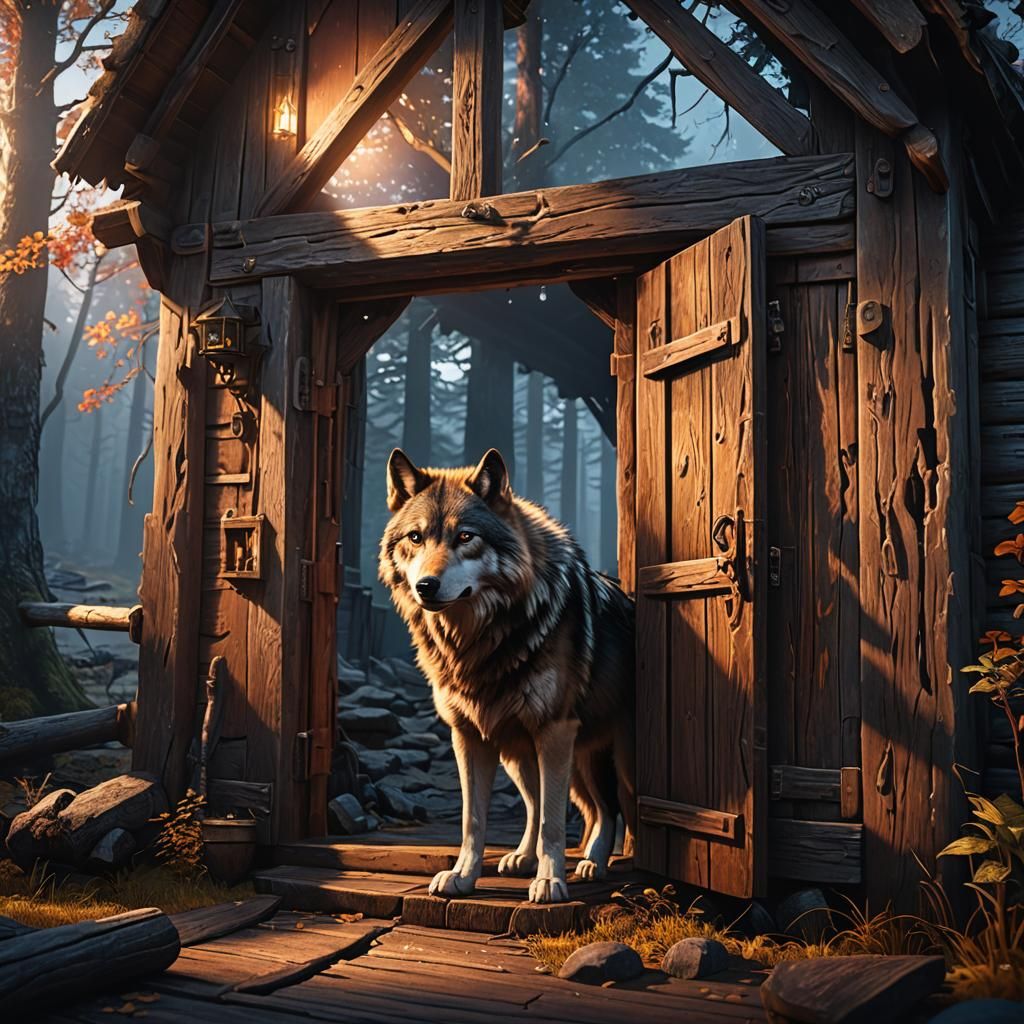 Lonely Wolf and Warm Cabin: Detailed Matte Painting