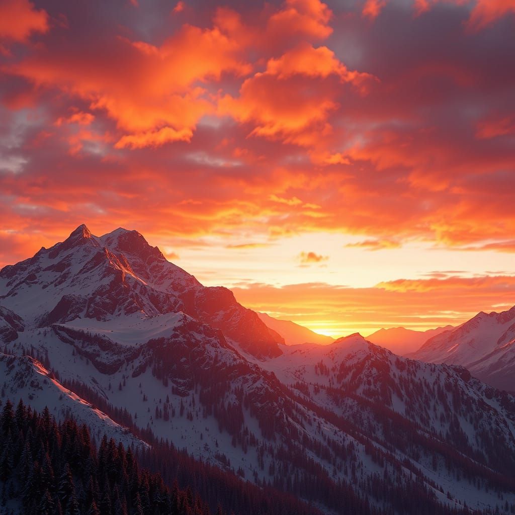 Golden Sunset Over Snowy Mountains in a Fantastical Landscap...