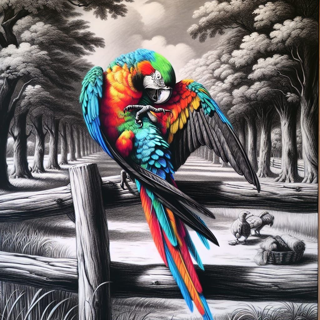Colorful Parrot Grooming in Monochrome Countryside, Charcoal...
