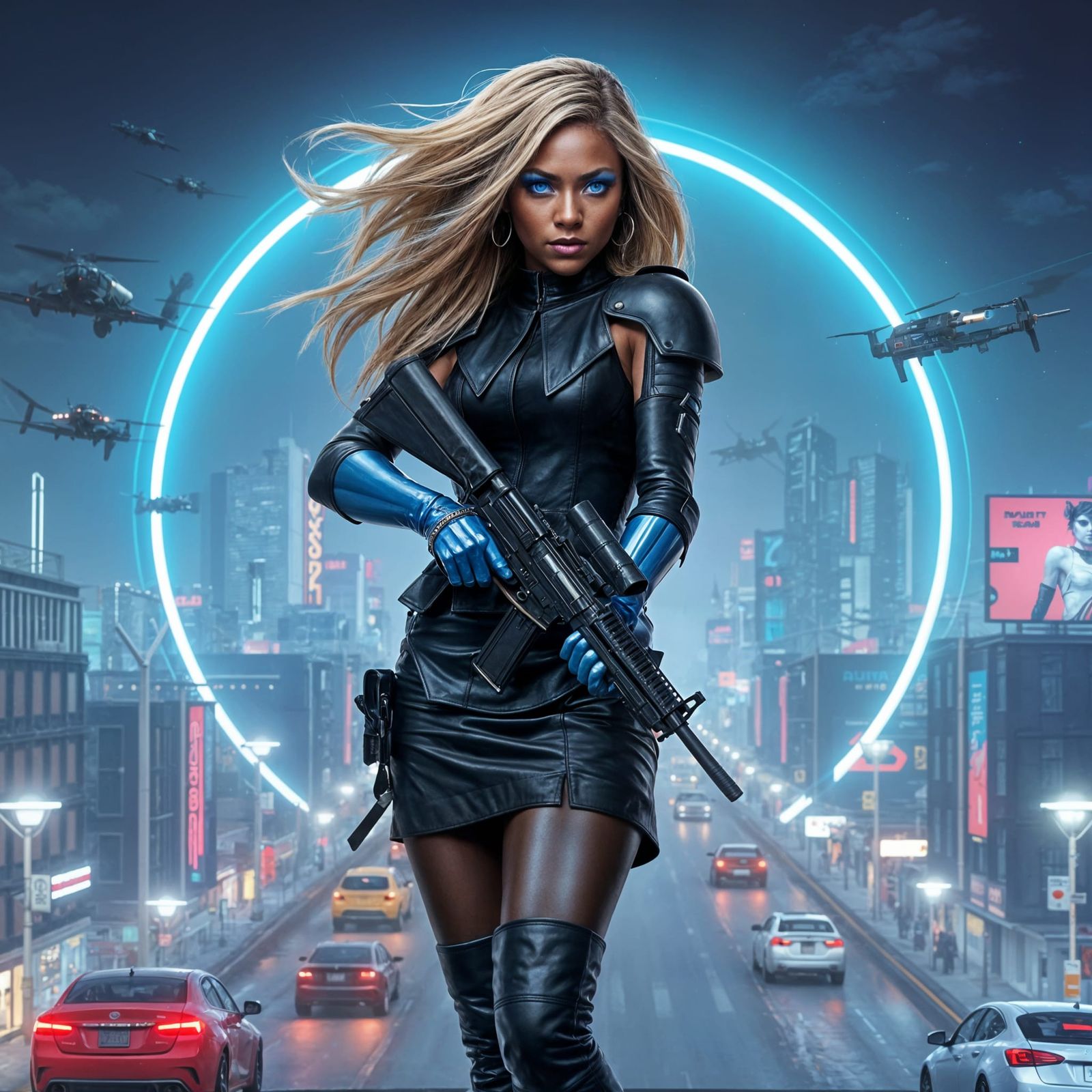 Cyberpunk Woman with Metallic Arms and Bioluminescent Lighti...