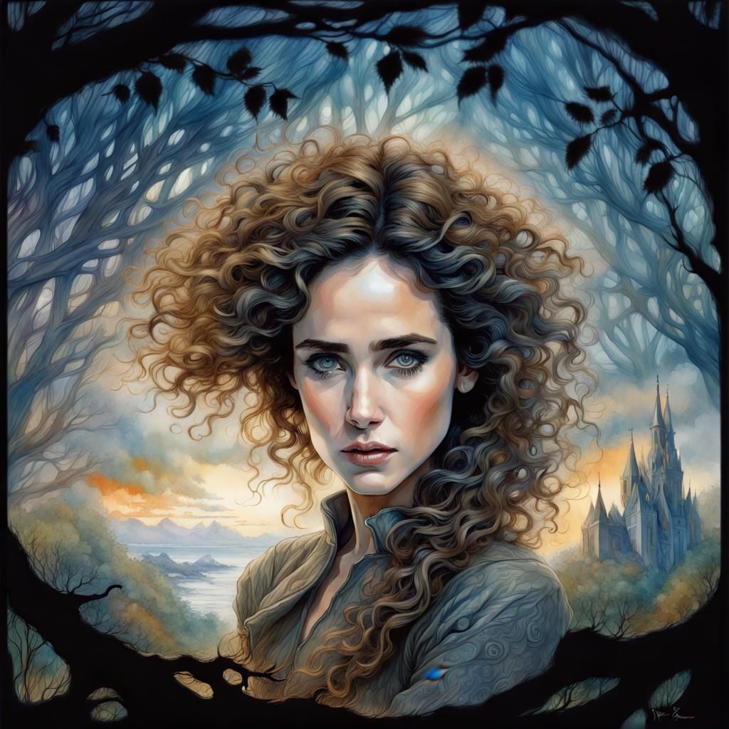 Ethereal Woman with Flowing Curls in Grayscale Fantasy