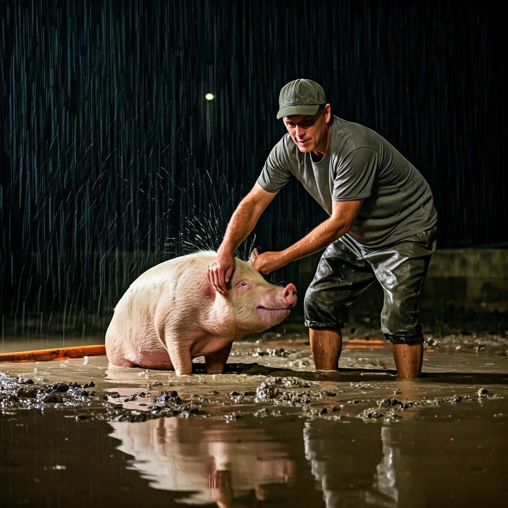 Moody Rural Scene with Pig Washed in Mud