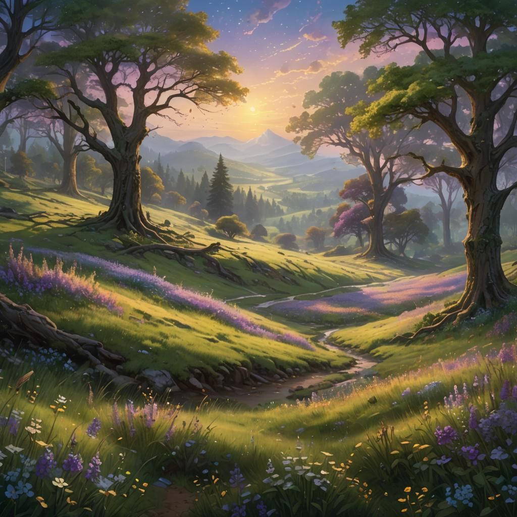 Enchanted Meadow: A Thomas Kinkade Inspired Landscape