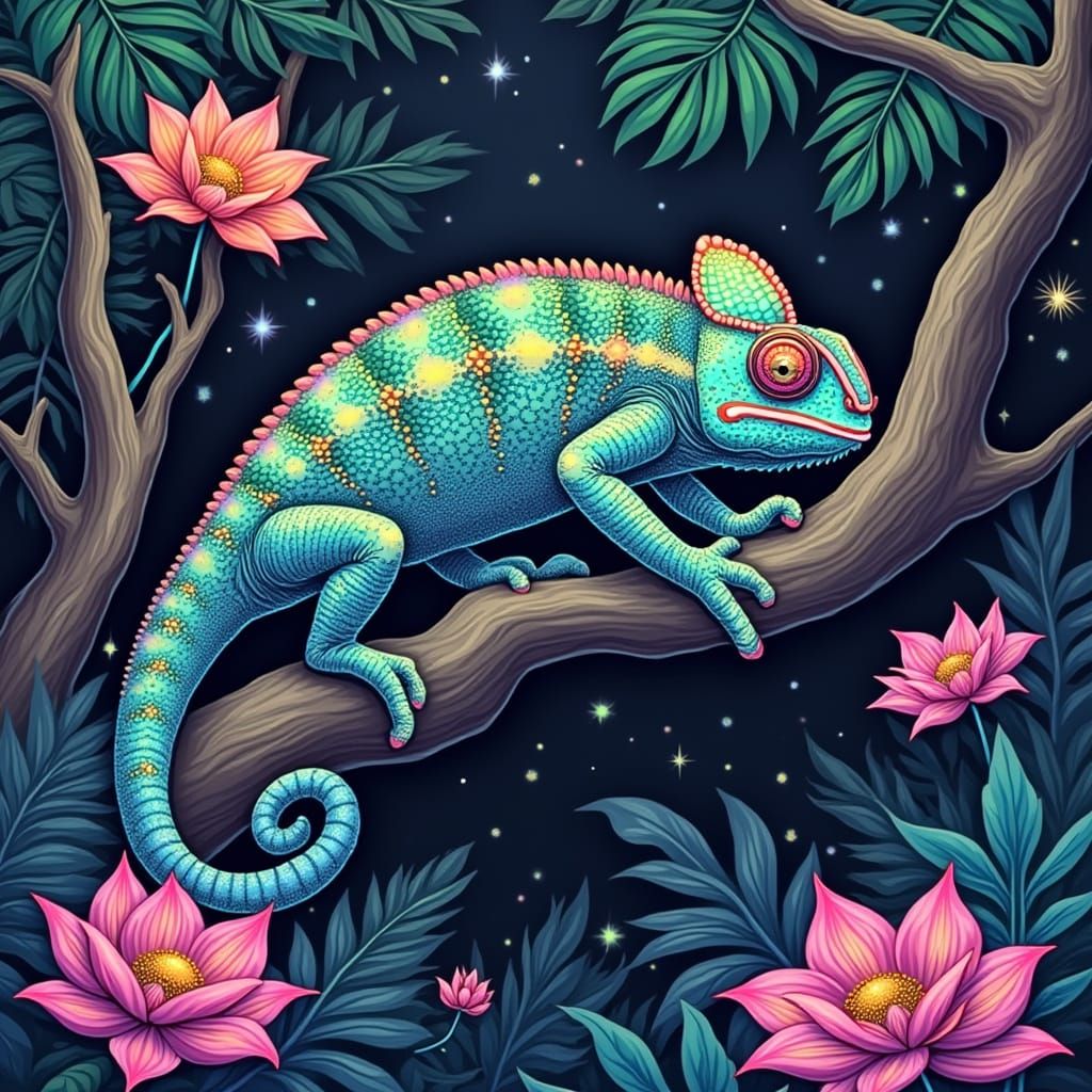 Emerald Chameleon Reigns in Psychedelic Jungle Landscape