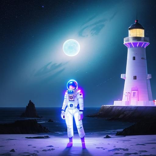 Astronaut Girl Awakens AI at Cosmic Lighthouse