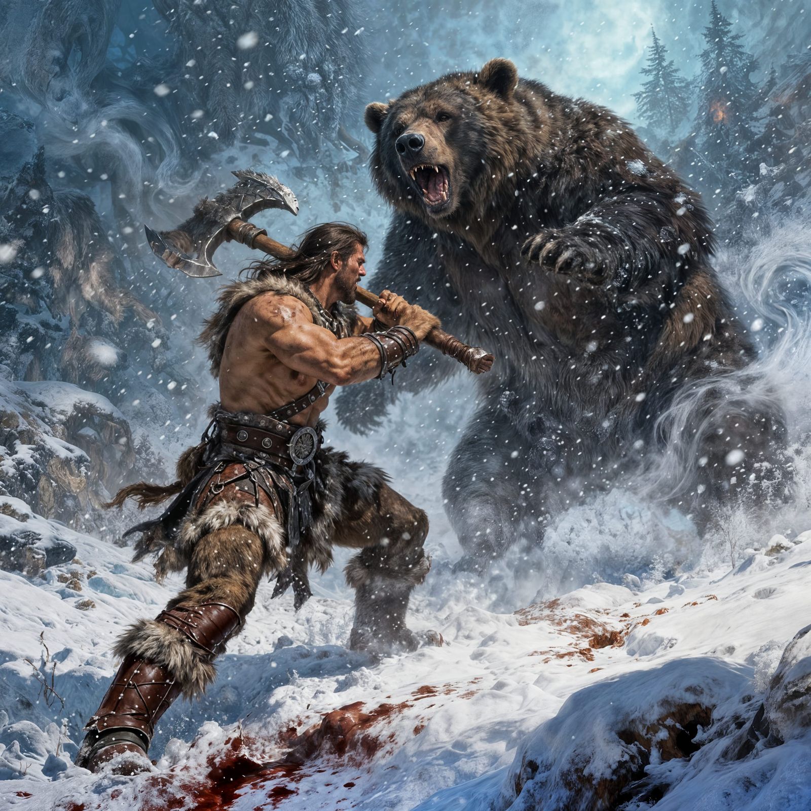 Barbarian Warrior Battles Giant Bear in Blizzard