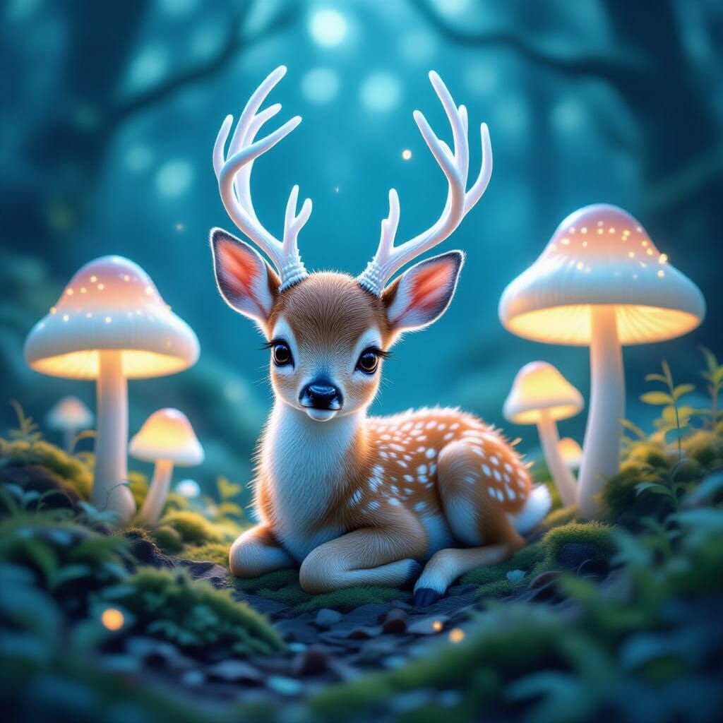 Bioluminescent Fawn with Coral Antlers in Fantasy Forest