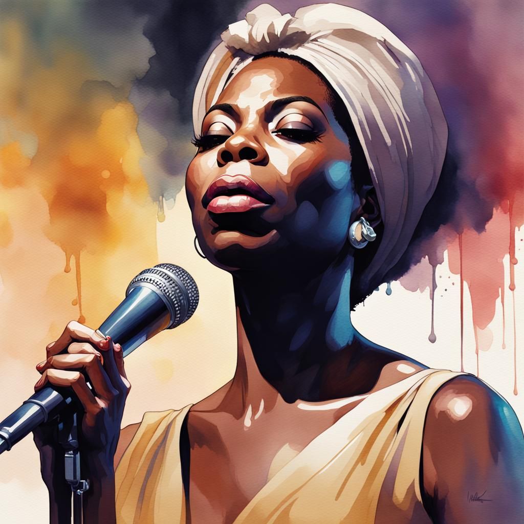 Nina Simone Singing: Watercolor Portrait