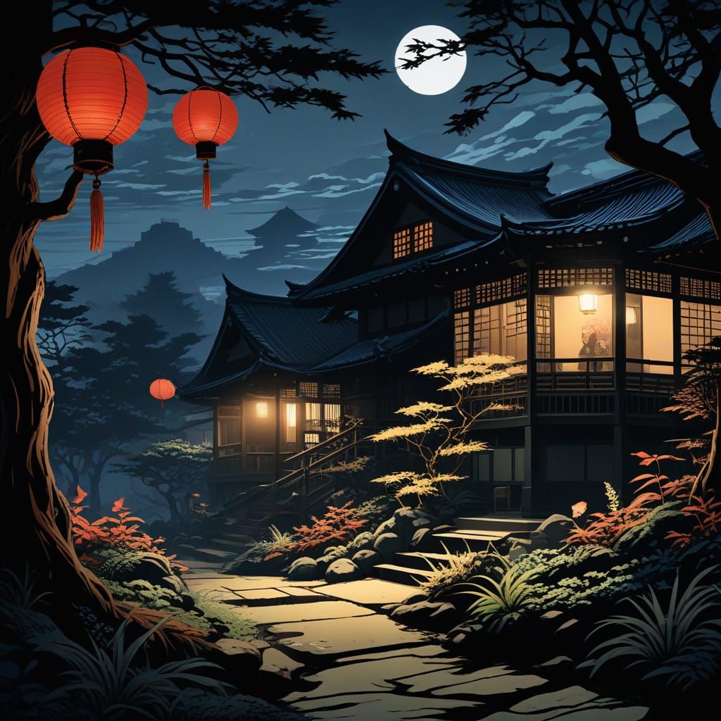 Eerie Ukiyo-e Garden with Glowing Eyes