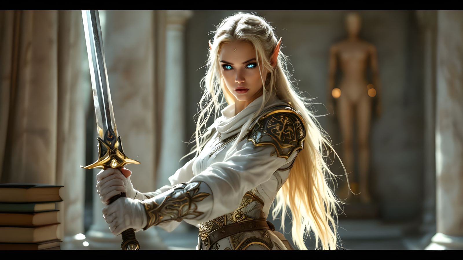 Elf Warrior Trains With Twin Blades in Sunlit Courtyard